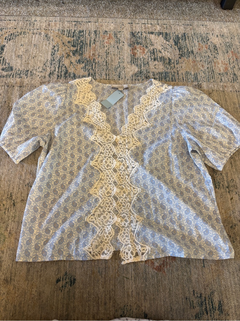NWT LOFT  Lace-Trim V-Neck Women's Top in Light Blue and White